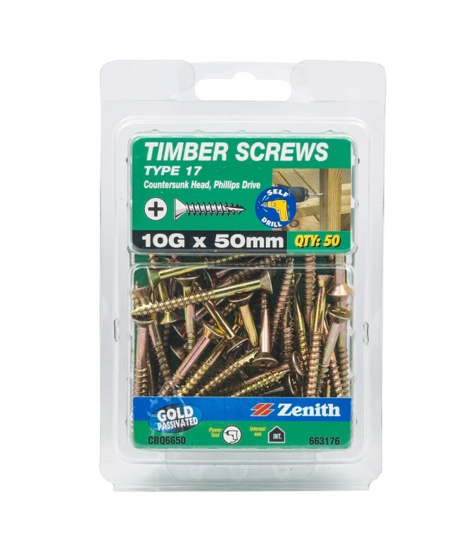 Zenith 10g X 50mm Gold Passivated Type 17 Countersunk Head Timber Screws 50 Pack