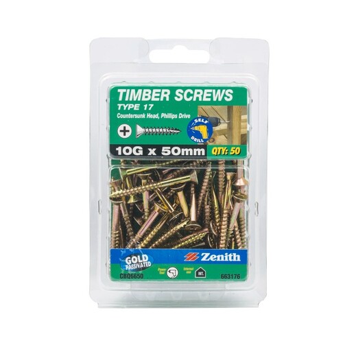 Zenith 10G x 50mm Gold Passivated Type 17 Countersunk Head Timber Screws - 50 Pack