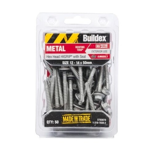 Buildex 12-14 x 50mm Climaseal Hex Head Hi-Grip With Seal Roofing Tek Screws - 50 Pack