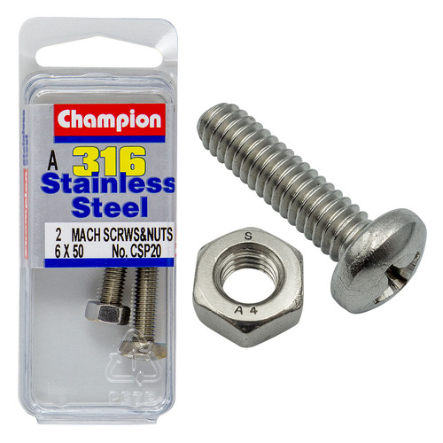 Machine Screws & Nuts-Pan-Phillips-Stainless Steel-M6X50Mm & M6X1.00Mm-316/A4