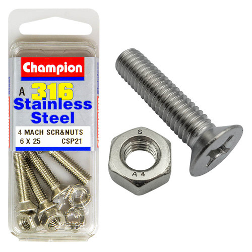 Machine Screws & Nuts-Csk-Phillips-Stainless Steel-M6X25Mm & M6X1.00Mm-316/A4