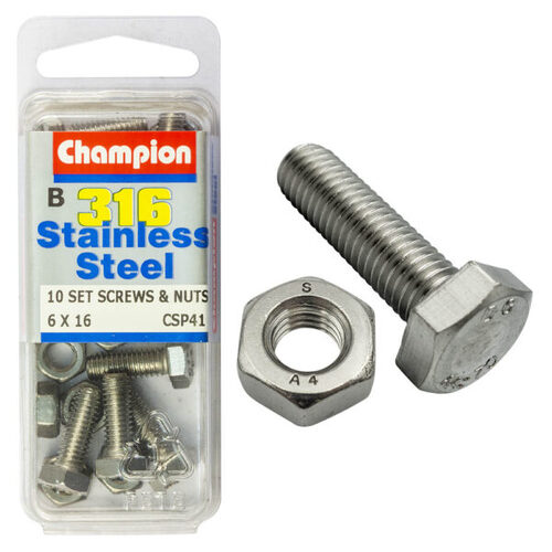 Hex Set Screws & Nuts-Stainless Steel-M6X16Mm & M6X1.00Mm-316/A4