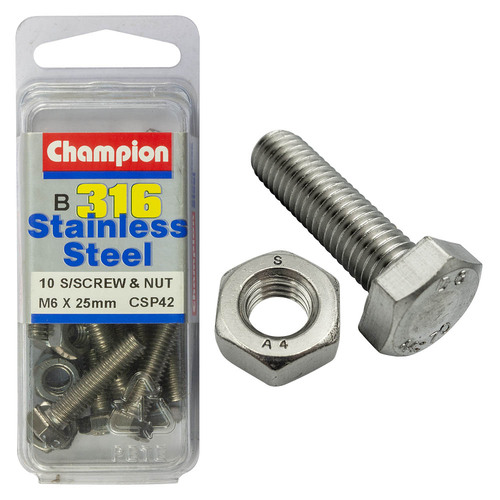 Hex Set Screws & Nuts-Stainless Steel-M6X25Mm & M6X1.00Mm-316/A4