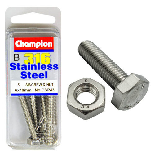 Hex Set Screws & Nuts-Stainless Steel-M6X40Mm & M6X1.00Mm-316/A4