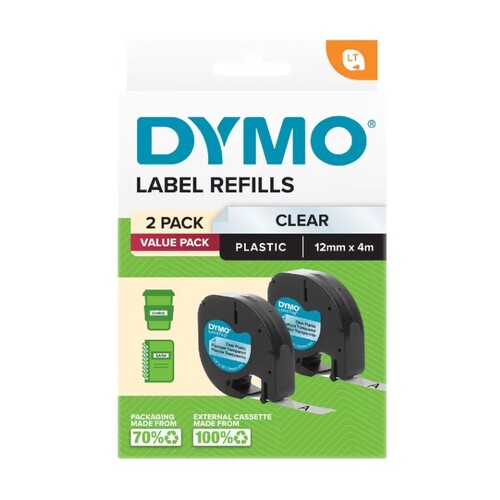 DYMO LetraTag Plastic Label Tape 12mm Black on Clear 2 Pack