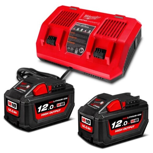 Milwaukee M18HOSPD122B 18V 12.0Ah Li-ion Cordless RED LITHIUM High Output Battery & Dual Bay Rapid Charger M18DFC